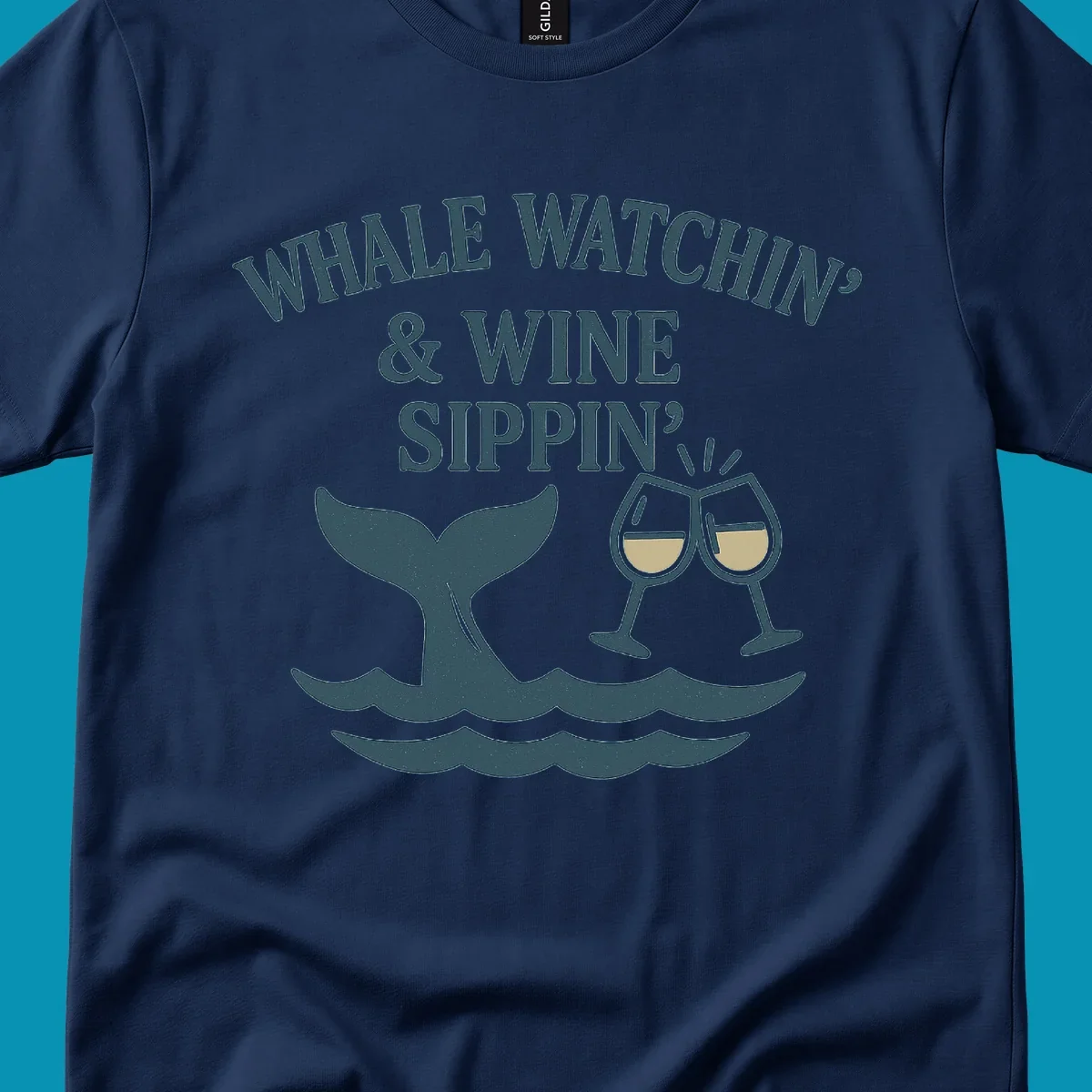 Whale tail and wine glasses illustration with text 'Whale Watchin' & Wine Sippin' for Alaska cruise shirts
