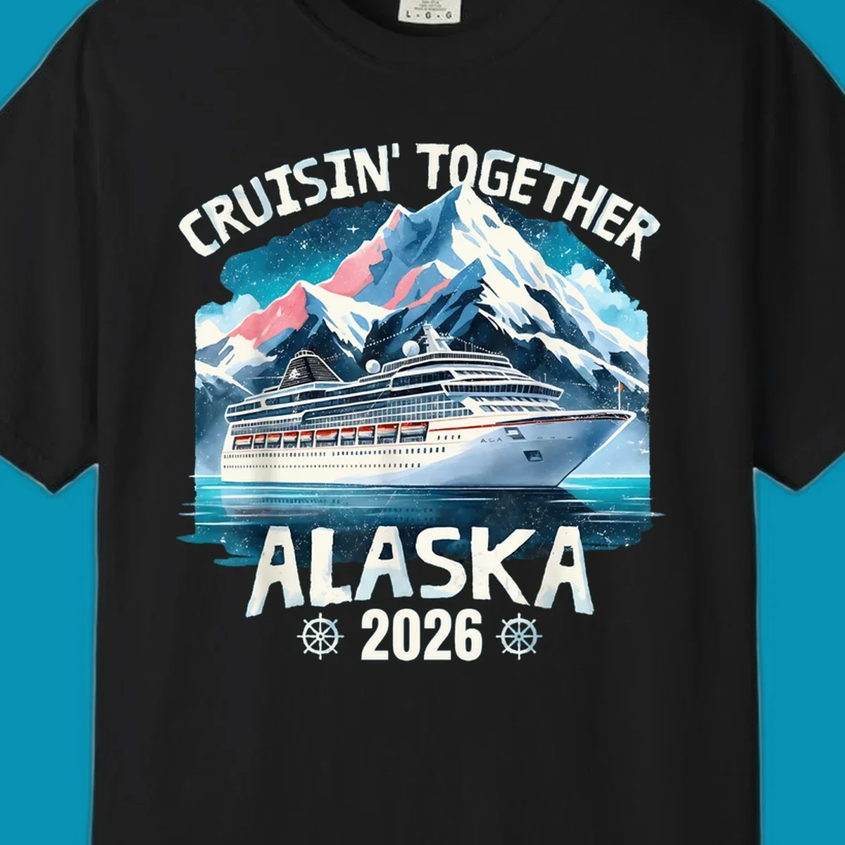 Illustrated cruise ship sailing toward snow-capped mountains under starry sky with text 'Cruising Into Alaska 2025'