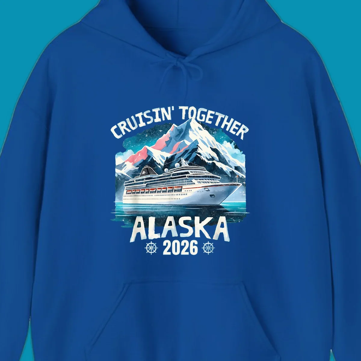 Illustrated cruise ship sailing toward snow-capped mountains under starry sky with text 'Cruising Into Alaska 2025'