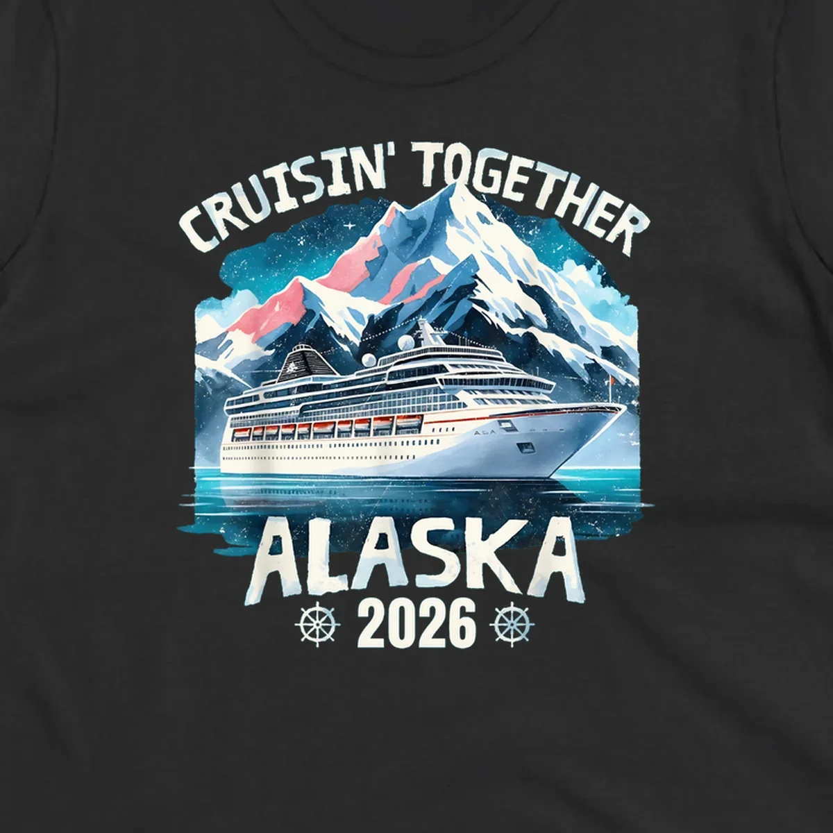 Illustrated cruise ship sailing toward snow-capped mountains under starry sky with text 'Cruising Into Alaska 2025'