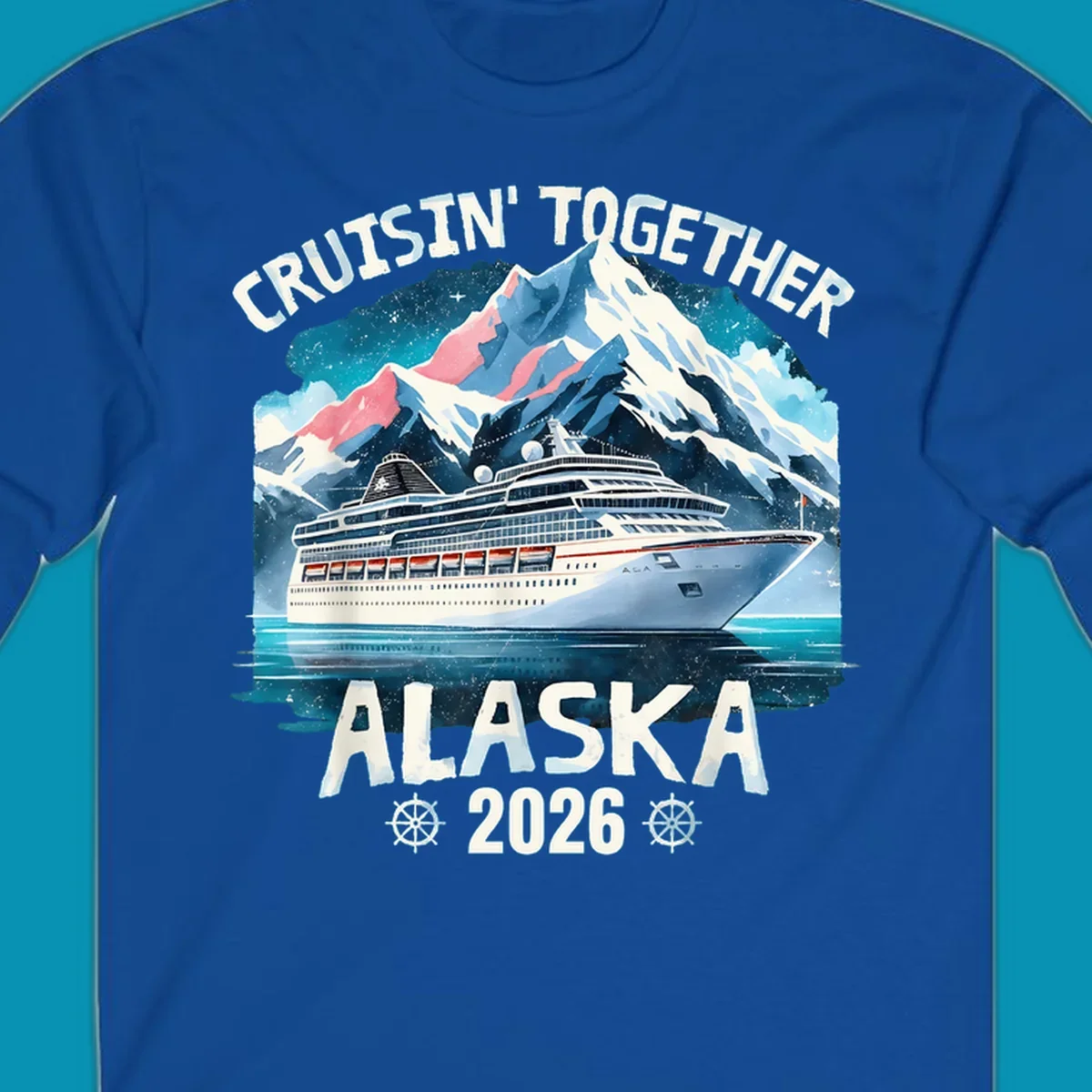 Illustrated cruise ship sailing toward snow-capped mountains under starry sky with text 'Cruising Into Alaska 2025'