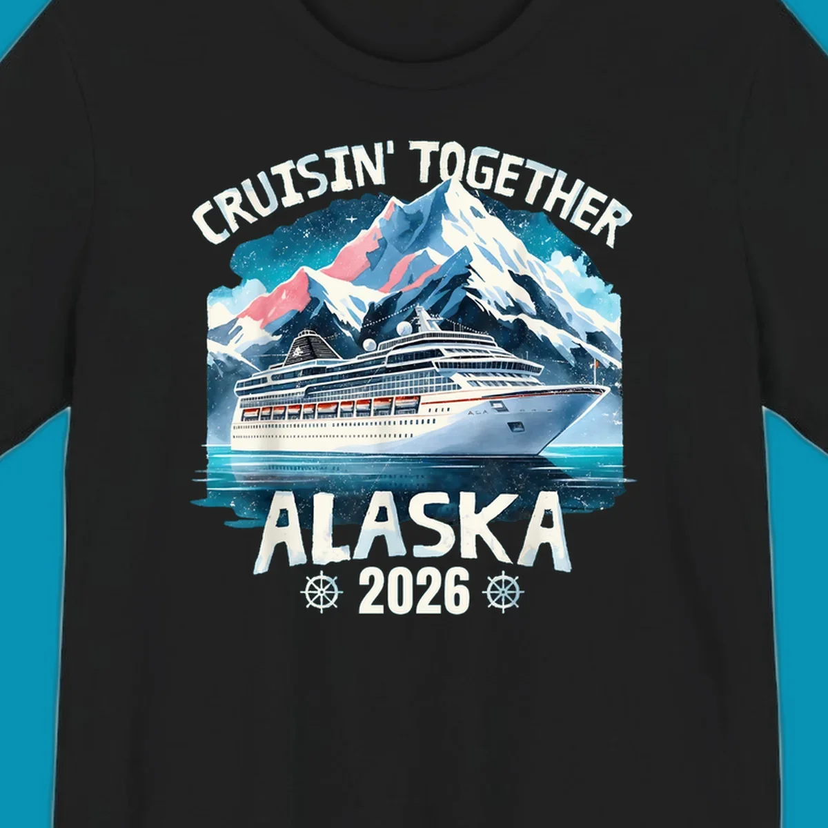 Illustrated cruise ship sailing toward snow-capped mountains under starry sky with text 'Cruising Into Alaska 2025'