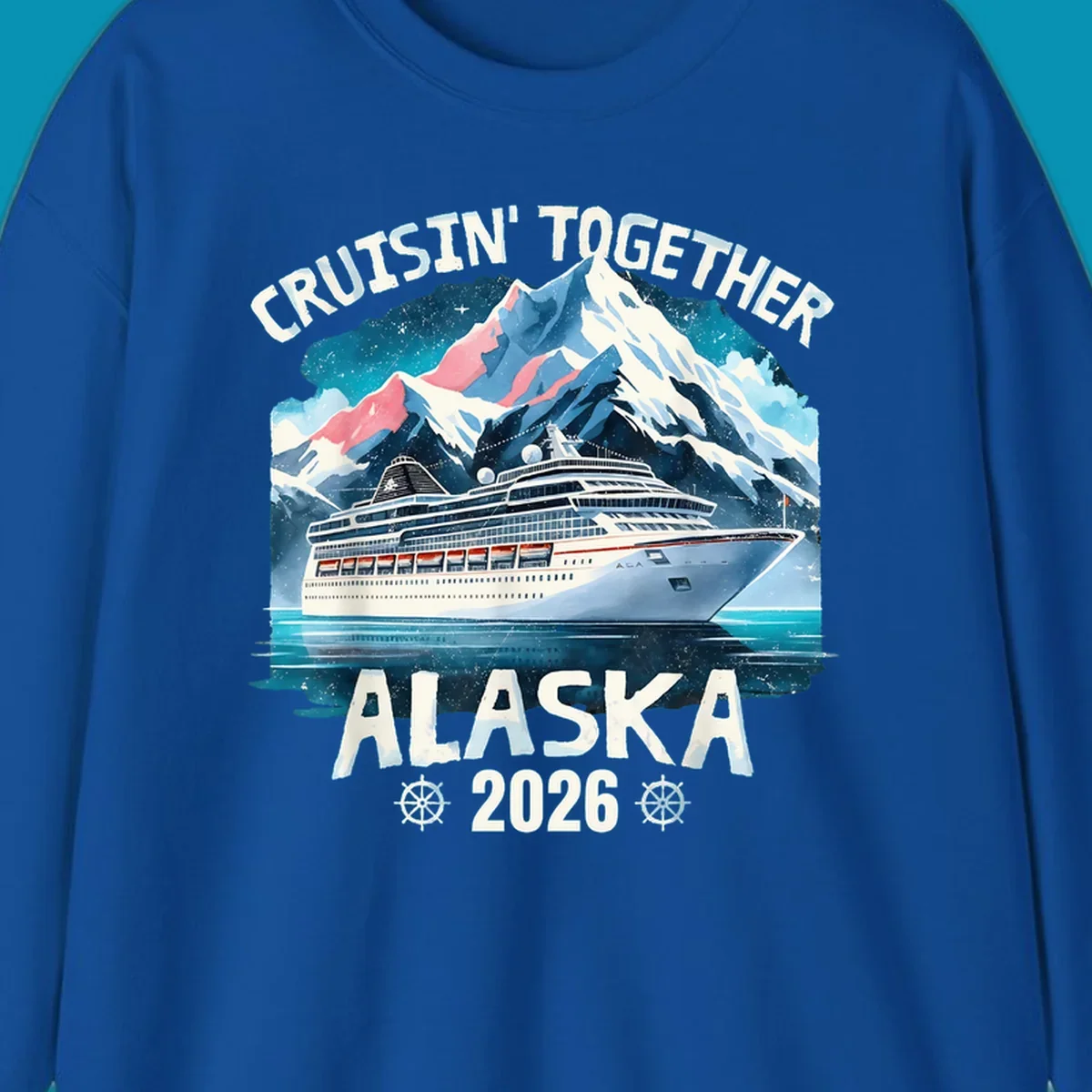 Illustrated cruise ship sailing toward snow-capped mountains under starry sky with text 'Cruising Into Alaska 2025'