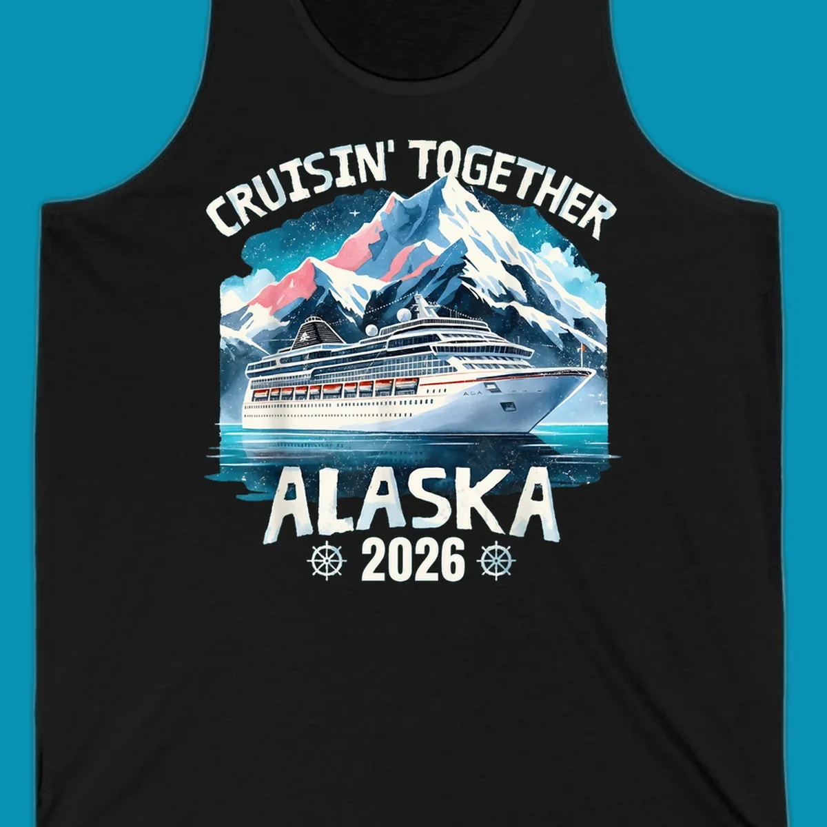 Illustrated cruise ship sailing toward snow-capped mountains under starry sky with text 'Cruising Into Alaska 2025'