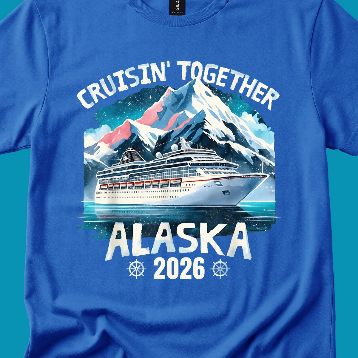 Illustrated cruise ship sailing toward snow-capped mountains under starry sky with text 'Cruising Into Alaska 2025'