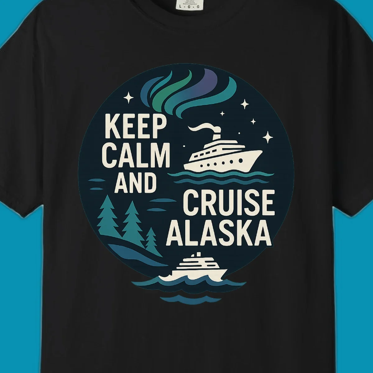 Vintage circular badge design with 'Keep Calm And Cruise Alaska' text, cruise ship, aurora borealis, trees, and stars on dark navy background
