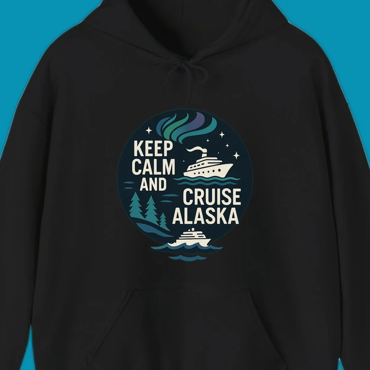 Vintage circular badge design with 'Keep Calm And Cruise Alaska' text, cruise ship, aurora borealis, trees, and stars on dark navy background