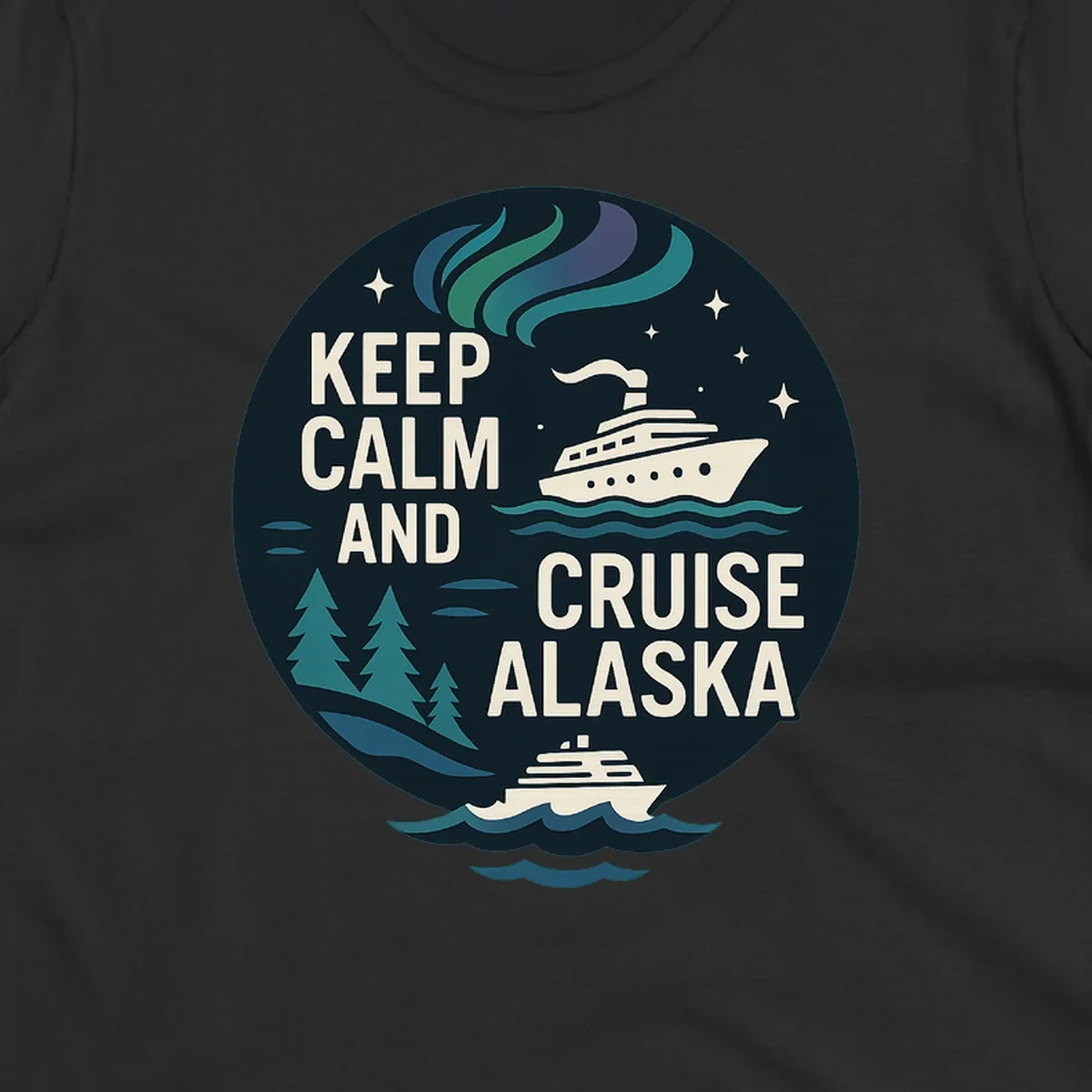 Vintage circular badge design with 'Keep Calm And Cruise Alaska' text, cruise ship, aurora borealis, trees, and stars on dark navy background