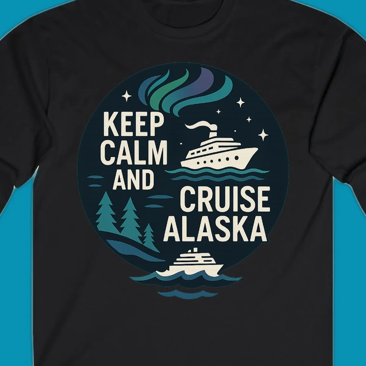 Vintage circular badge design with 'Keep Calm And Cruise Alaska' text, cruise ship, aurora borealis, trees, and stars on dark navy background