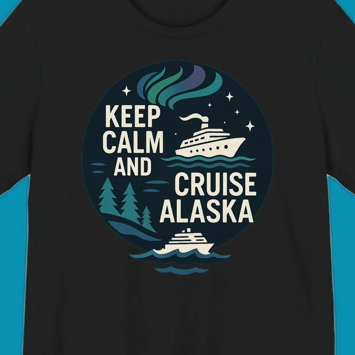Vintage circular badge design with 'Keep Calm And Cruise Alaska' text, cruise ship, aurora borealis, trees, and stars on dark navy background