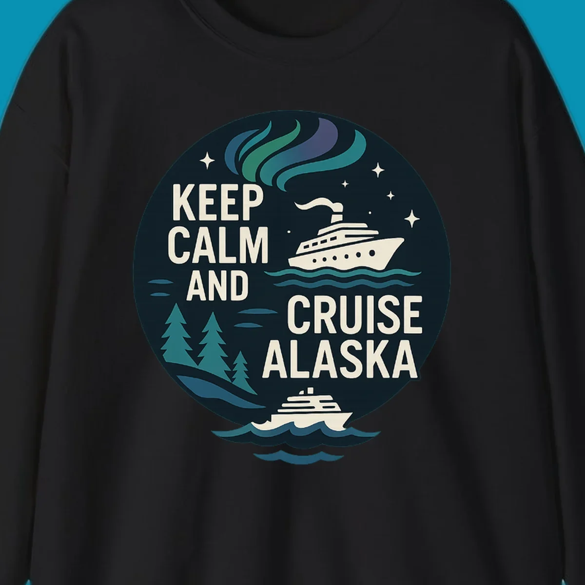 Vintage circular badge design with 'Keep Calm And Cruise Alaska' text, cruise ship, aurora borealis, trees, and stars on dark navy background