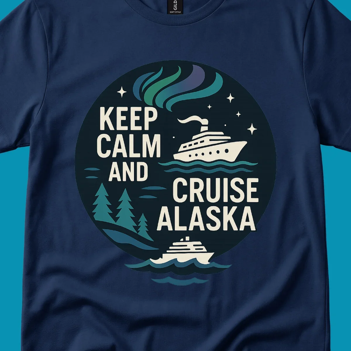 Vintage circular badge design with 'Keep Calm And Cruise Alaska' text, cruise ship, aurora borealis, trees, and stars on dark navy background