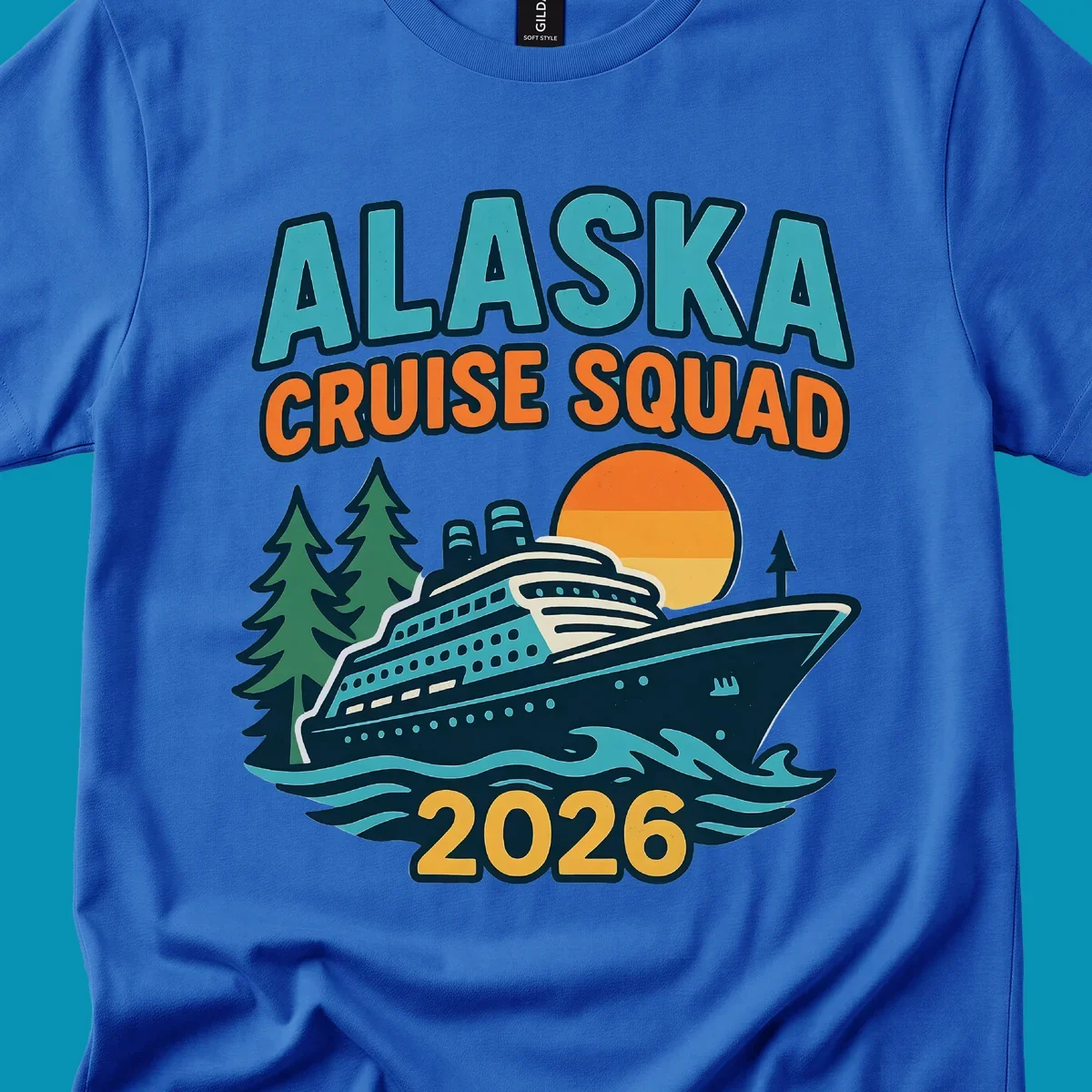 Colorful cruise squad 2026 design featuring a cruise ship, ocean waves, evergreen trees, and sunset sun in teal, orange, and gold.