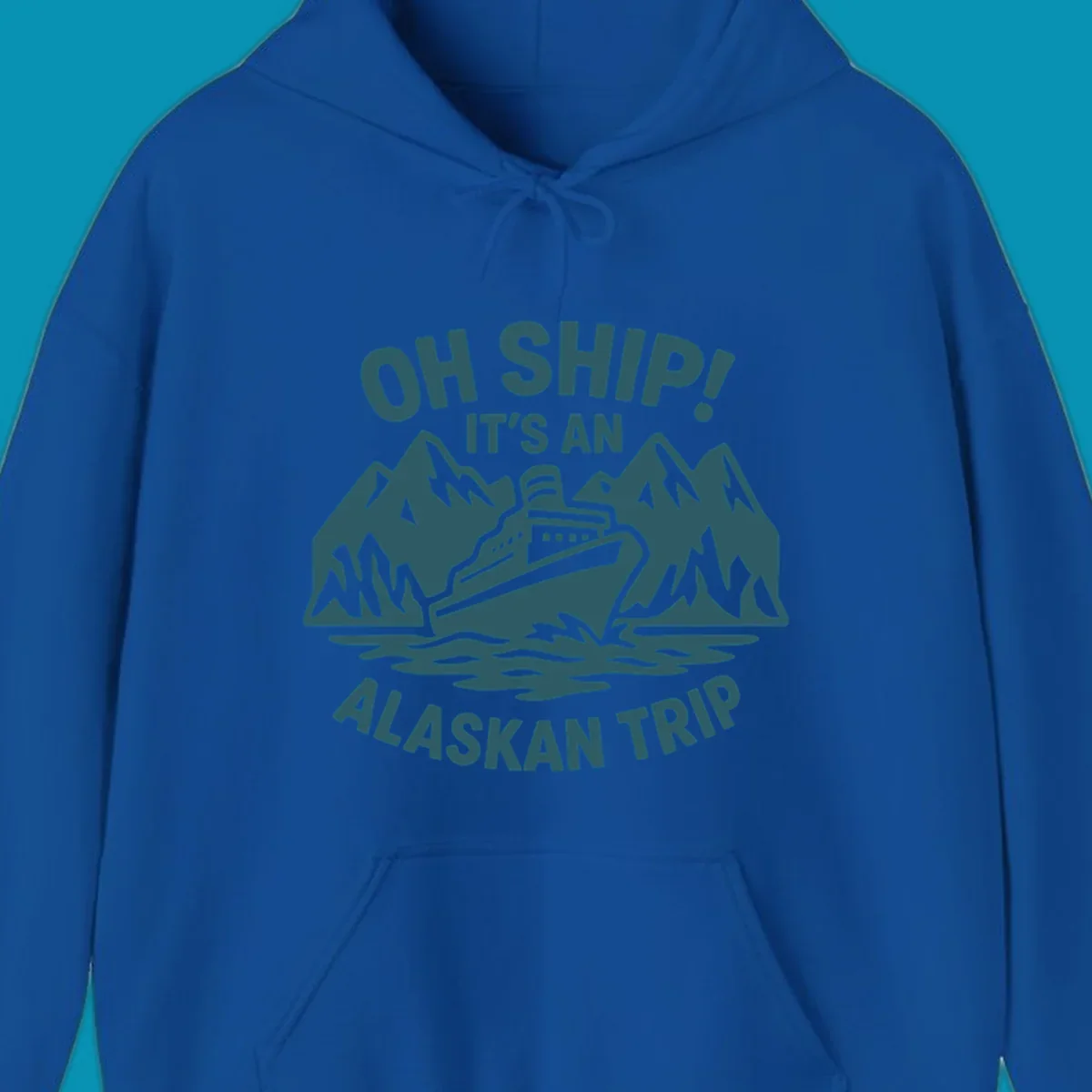 Oh Ship Alaskan cruise design with cruise ship between snow mountains and waves, playful text pun