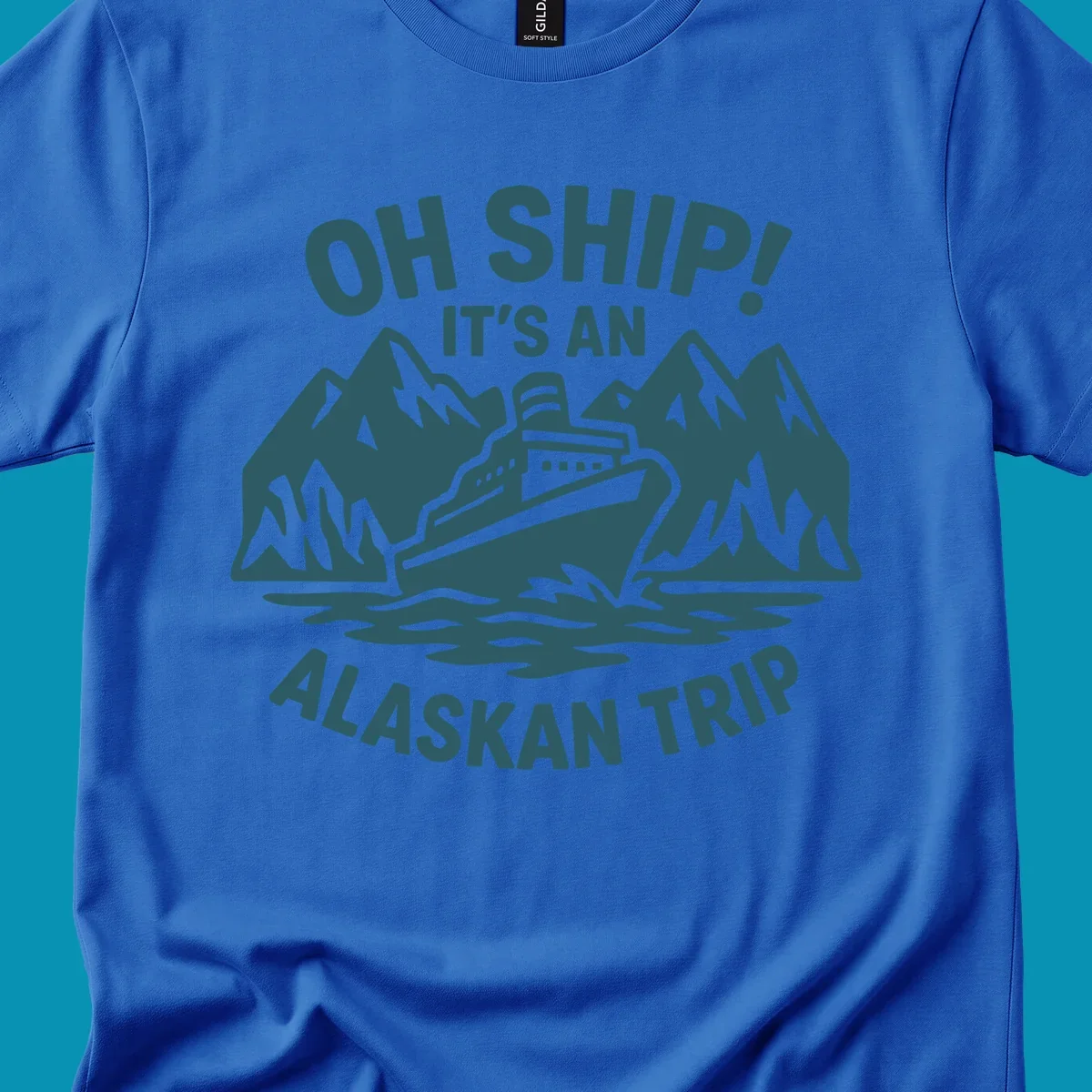 Oh Ship Alaskan cruise design with cruise ship between snow mountains and waves, playful text pun