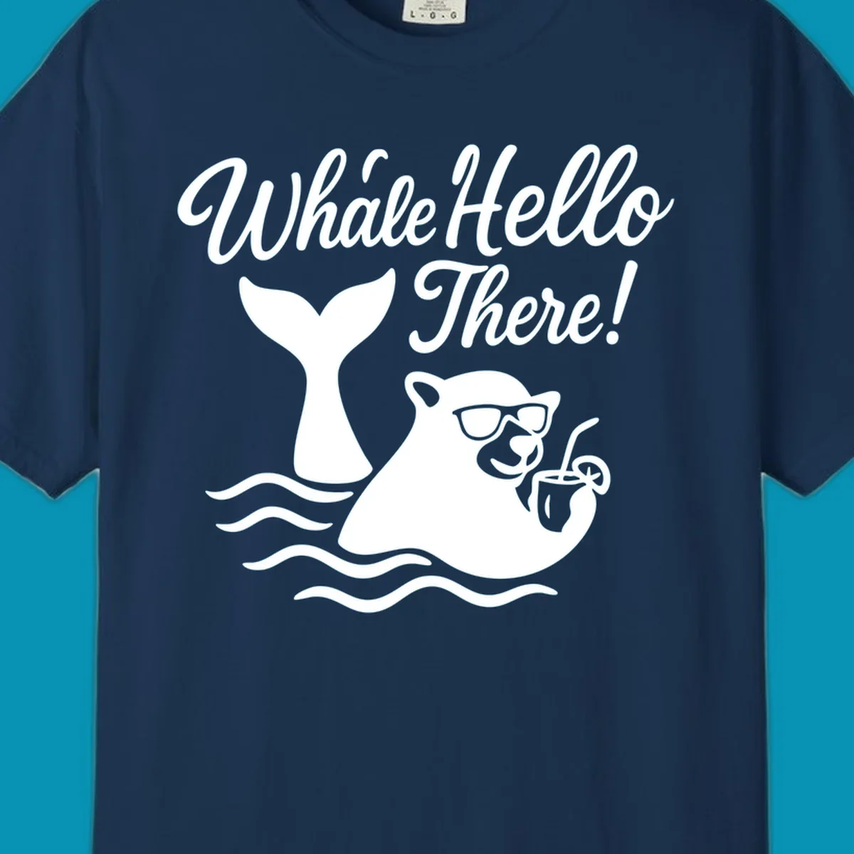 Smiling whale wearing sunglasses holding tropical drink with 'Whale Hello There!' text and ocean waves on gray background