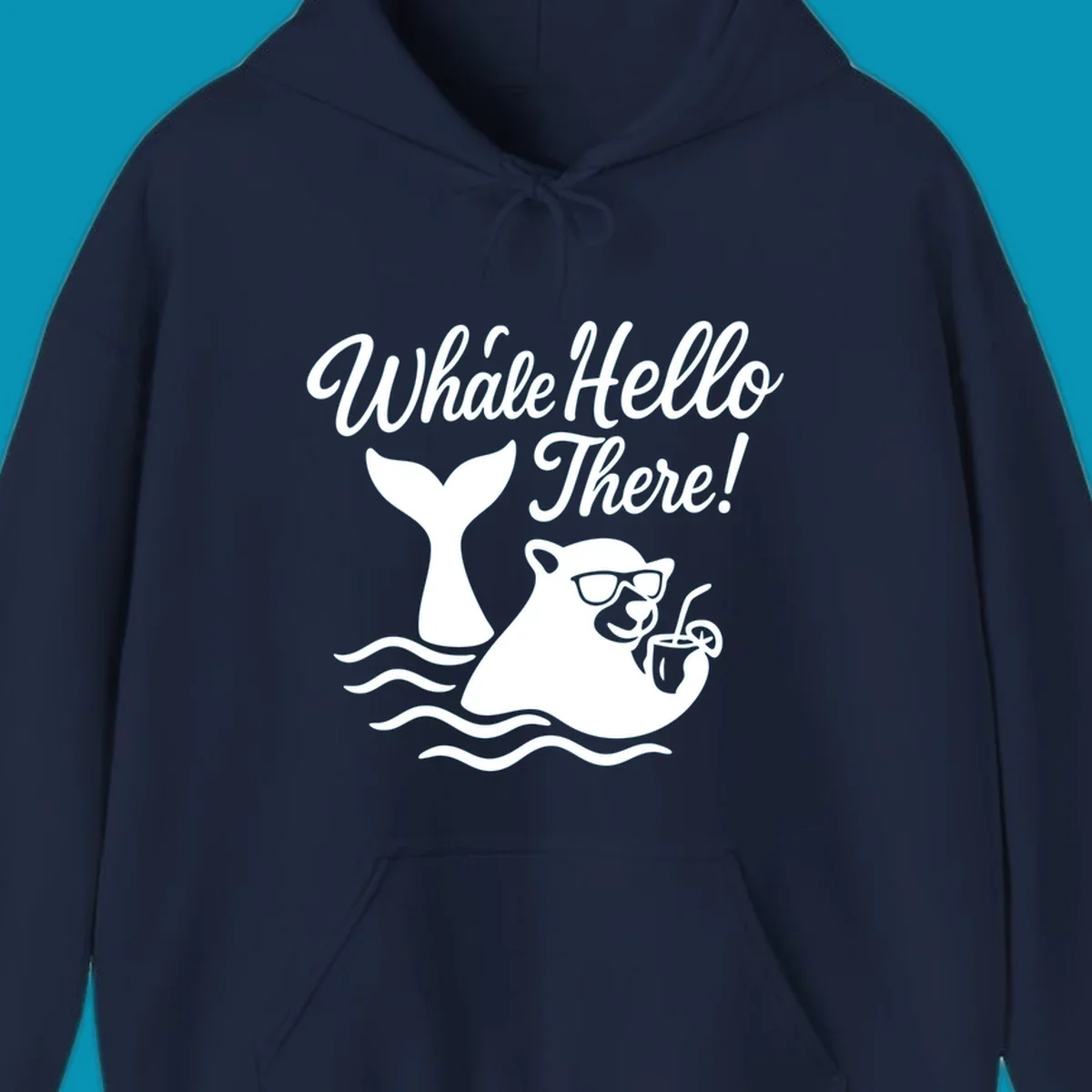 Smiling whale wearing sunglasses holding tropical drink with 'Whale Hello There!' text and ocean waves on gray background
