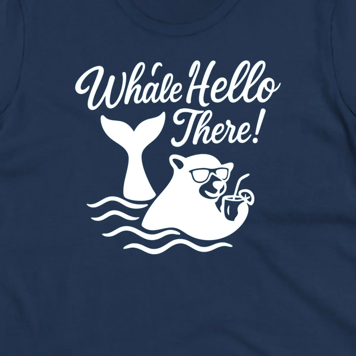 Smiling whale wearing sunglasses holding tropical drink with 'Whale Hello There!' text and ocean waves on gray background