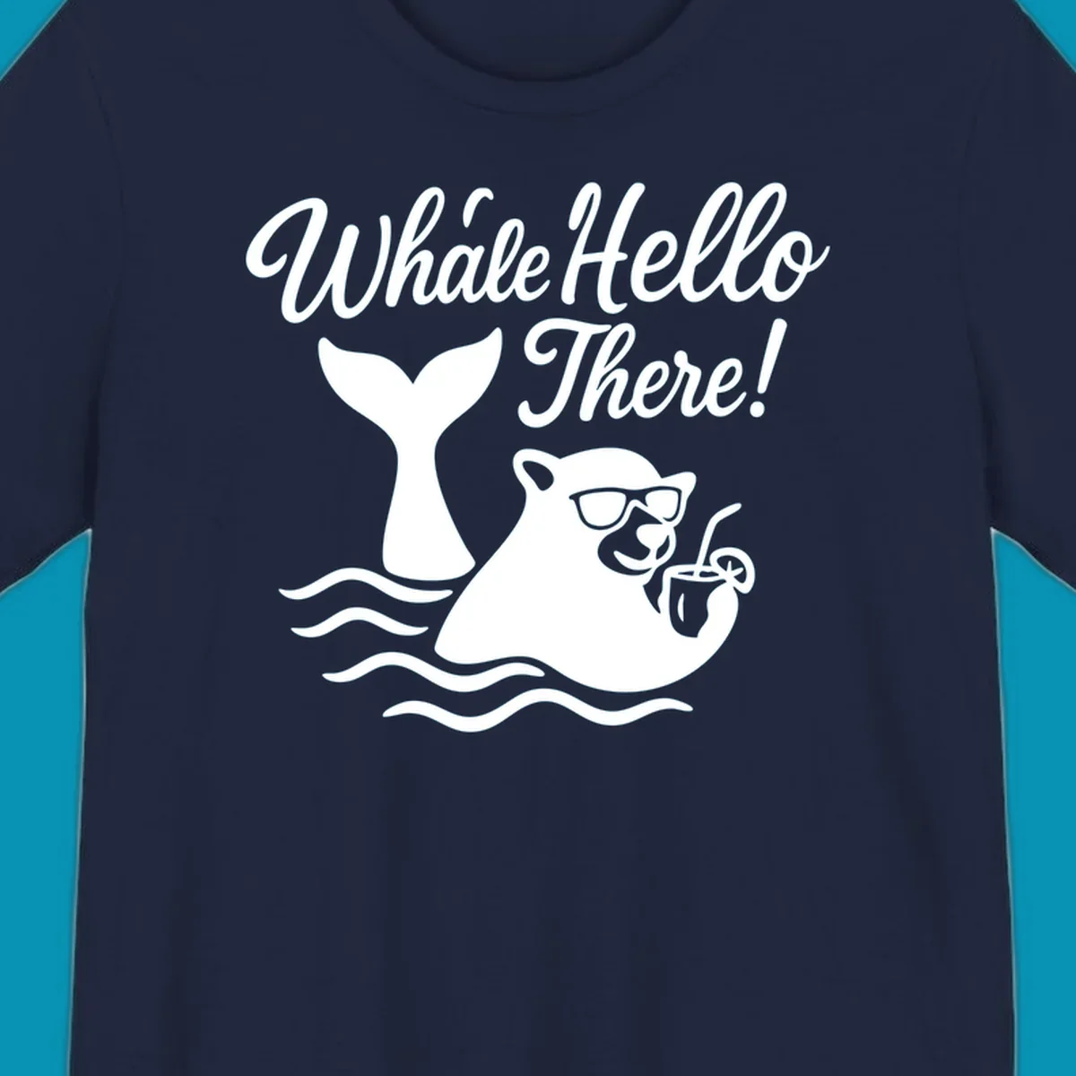 Smiling whale wearing sunglasses holding tropical drink with 'Whale Hello There!' text and ocean waves on gray background