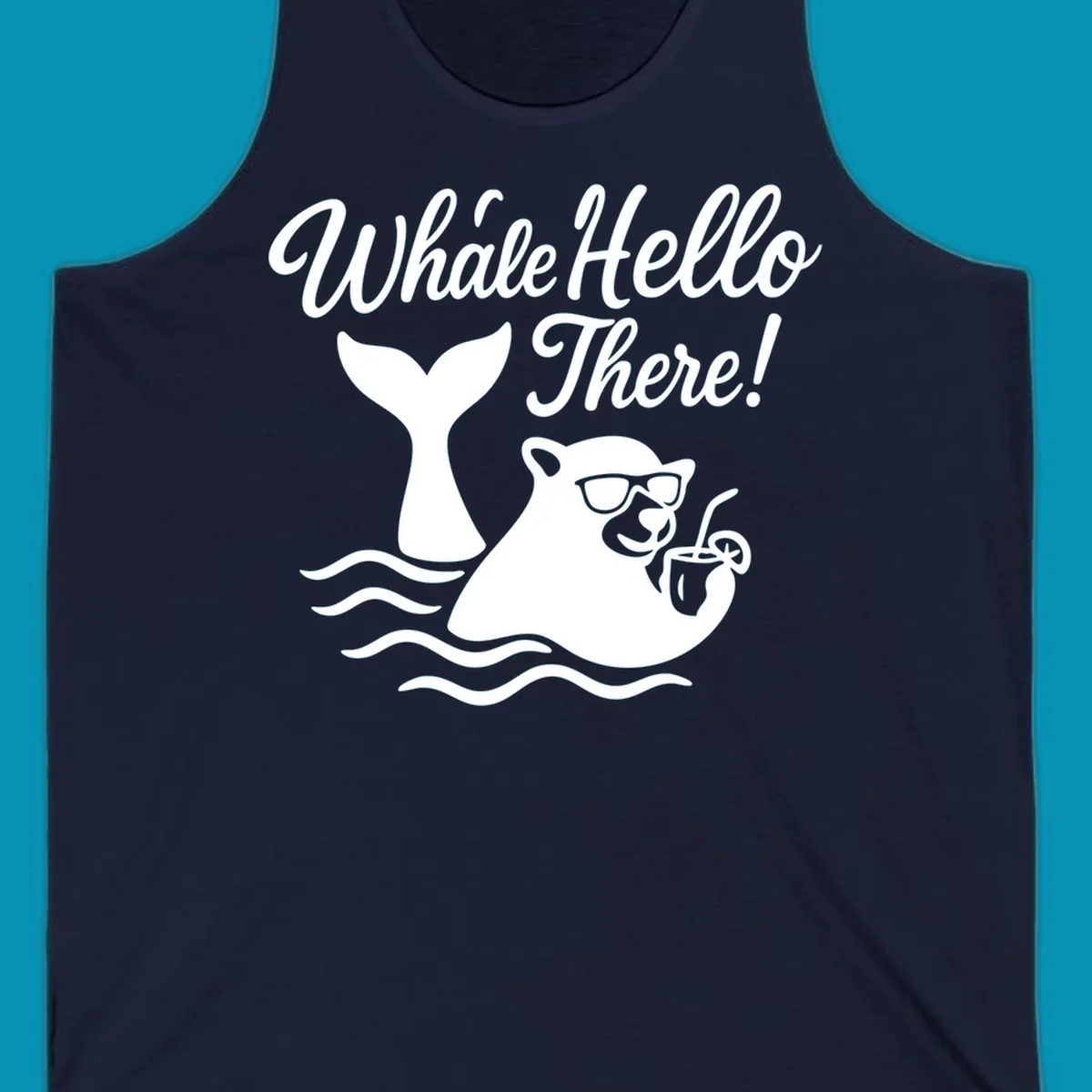 Smiling whale wearing sunglasses holding tropical drink with 'Whale Hello There!' text and ocean waves on gray background