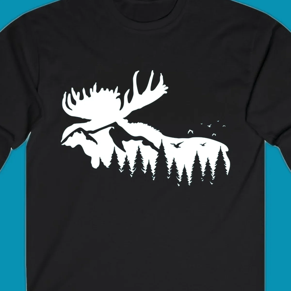 White silhouette of a moose with large antlers integrated into a forested mountain landscape with evergreen trees and flying birds against gray background.