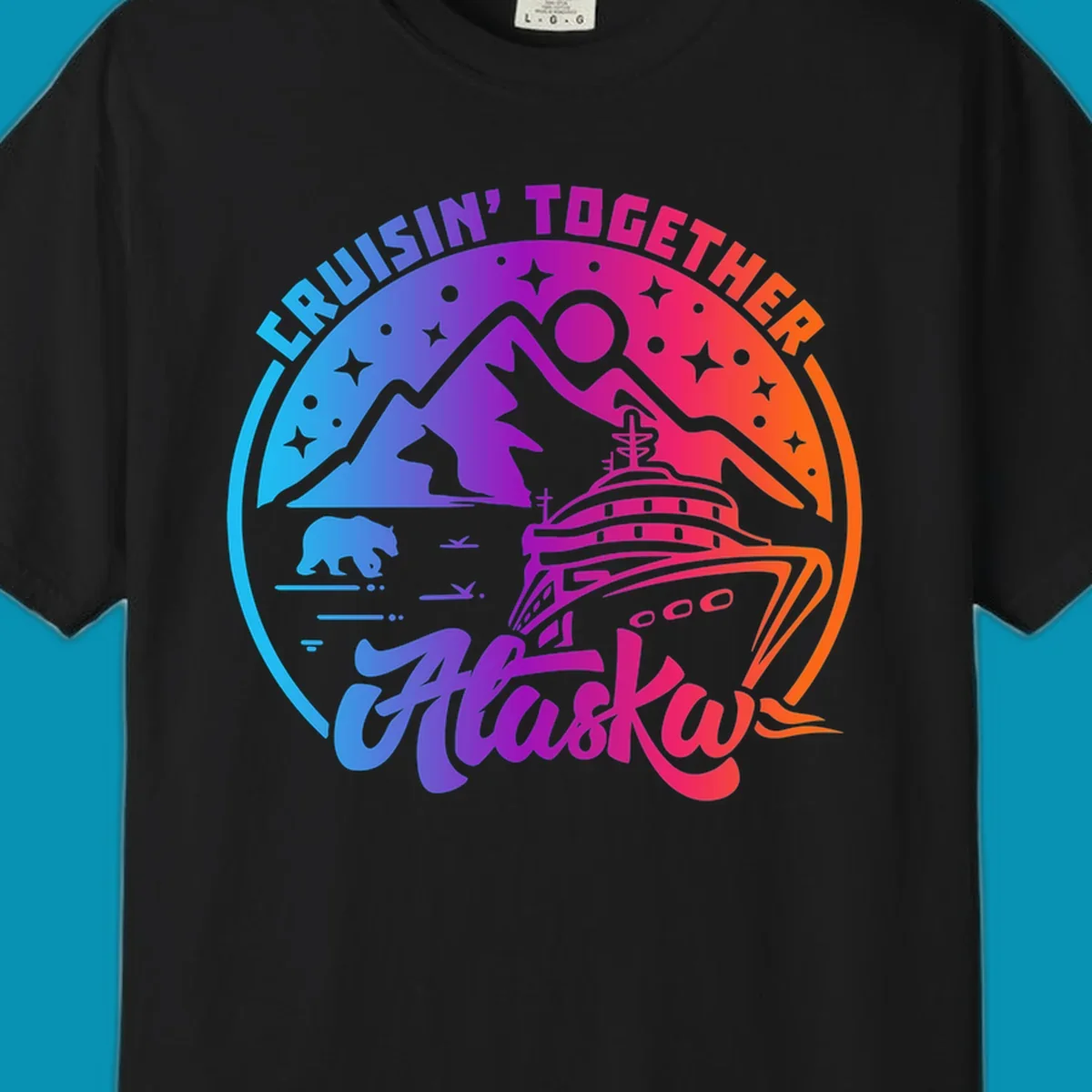 Colorful circular design with 'Cruisin' Together Alaska' text, featuring a cruise ship, mountains, bear, hiker, and sparkles on a gradient blue-to-orange background