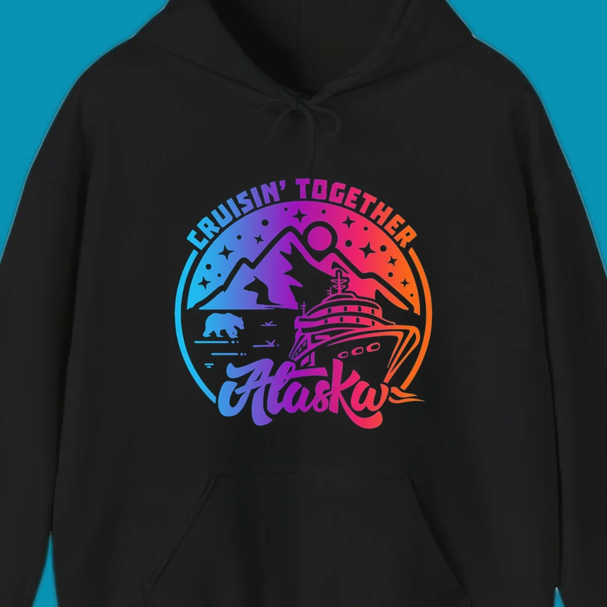 Colorful circular design with 'Cruisin' Together Alaska' text, featuring a cruise ship, mountains, bear, hiker, and sparkles on a gradient blue-to-orange background