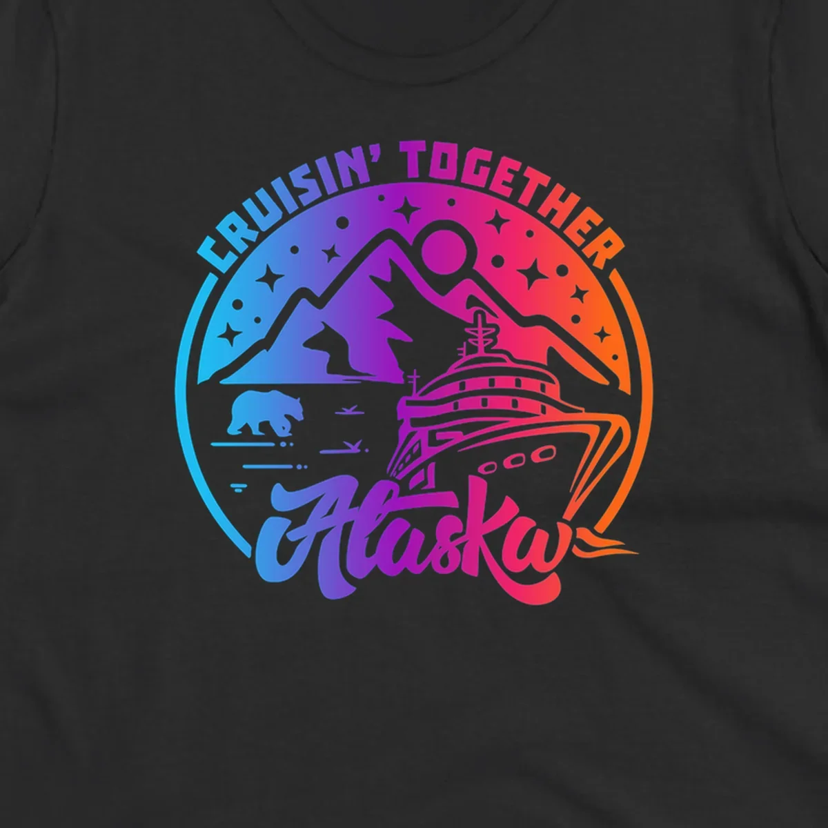 Colorful circular design with 'Cruisin' Together Alaska' text, featuring a cruise ship, mountains, bear, hiker, and sparkles on a gradient blue-to-orange background