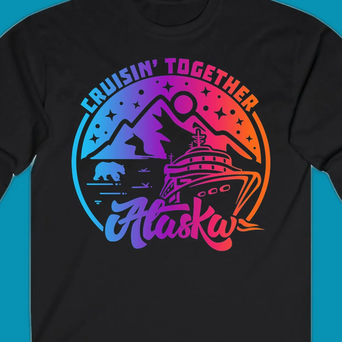 Colorful circular design with 'Cruisin' Together Alaska' text, featuring a cruise ship, mountains, bear, hiker, and sparkles on a gradient blue-to-orange background