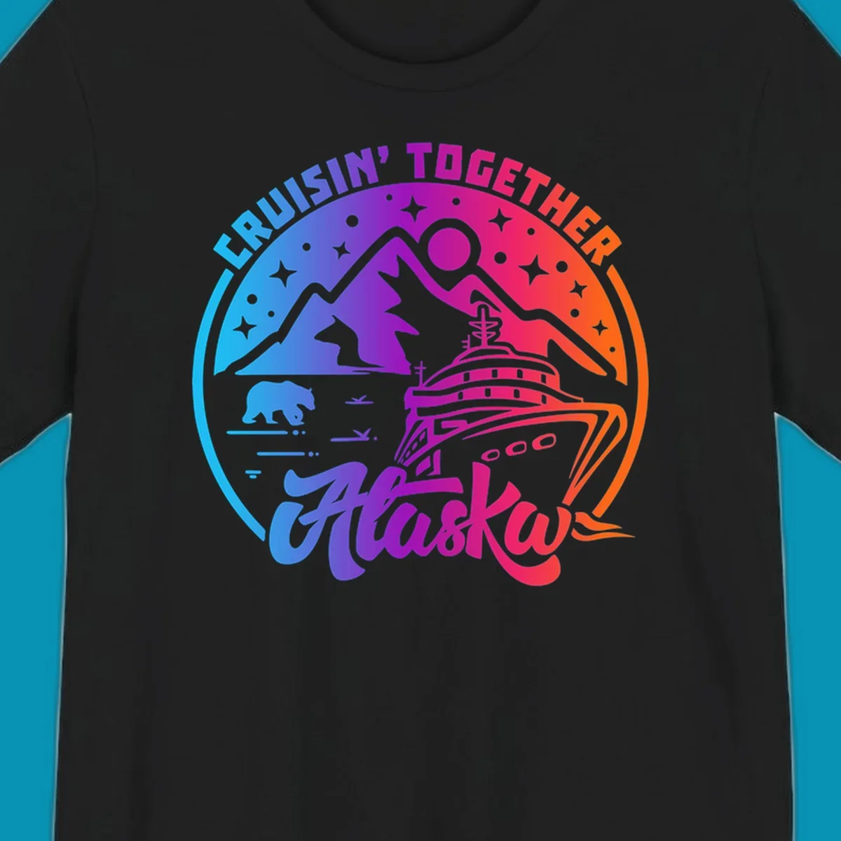 Colorful circular design with 'Cruisin' Together Alaska' text, featuring a cruise ship, mountains, bear, hiker, and sparkles on a gradient blue-to-orange background