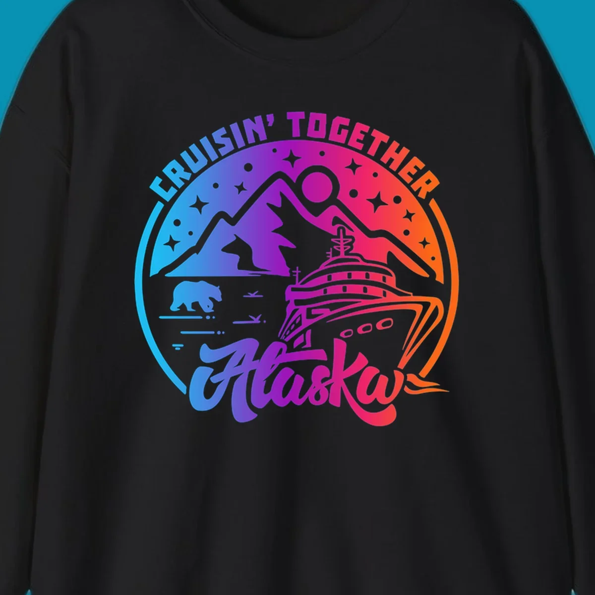 Colorful circular design with 'Cruisin' Together Alaska' text, featuring a cruise ship, mountains, bear, hiker, and sparkles on a gradient blue-to-orange background