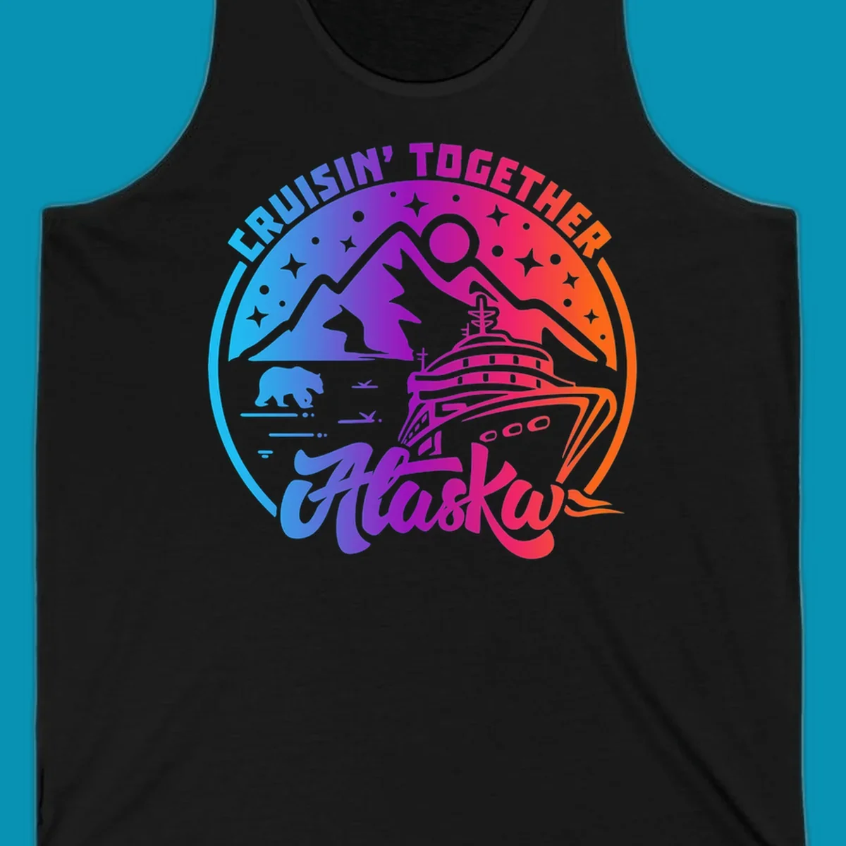 Colorful circular design with 'Cruisin' Together Alaska' text, featuring a cruise ship, mountains, bear, hiker, and sparkles on a gradient blue-to-orange background