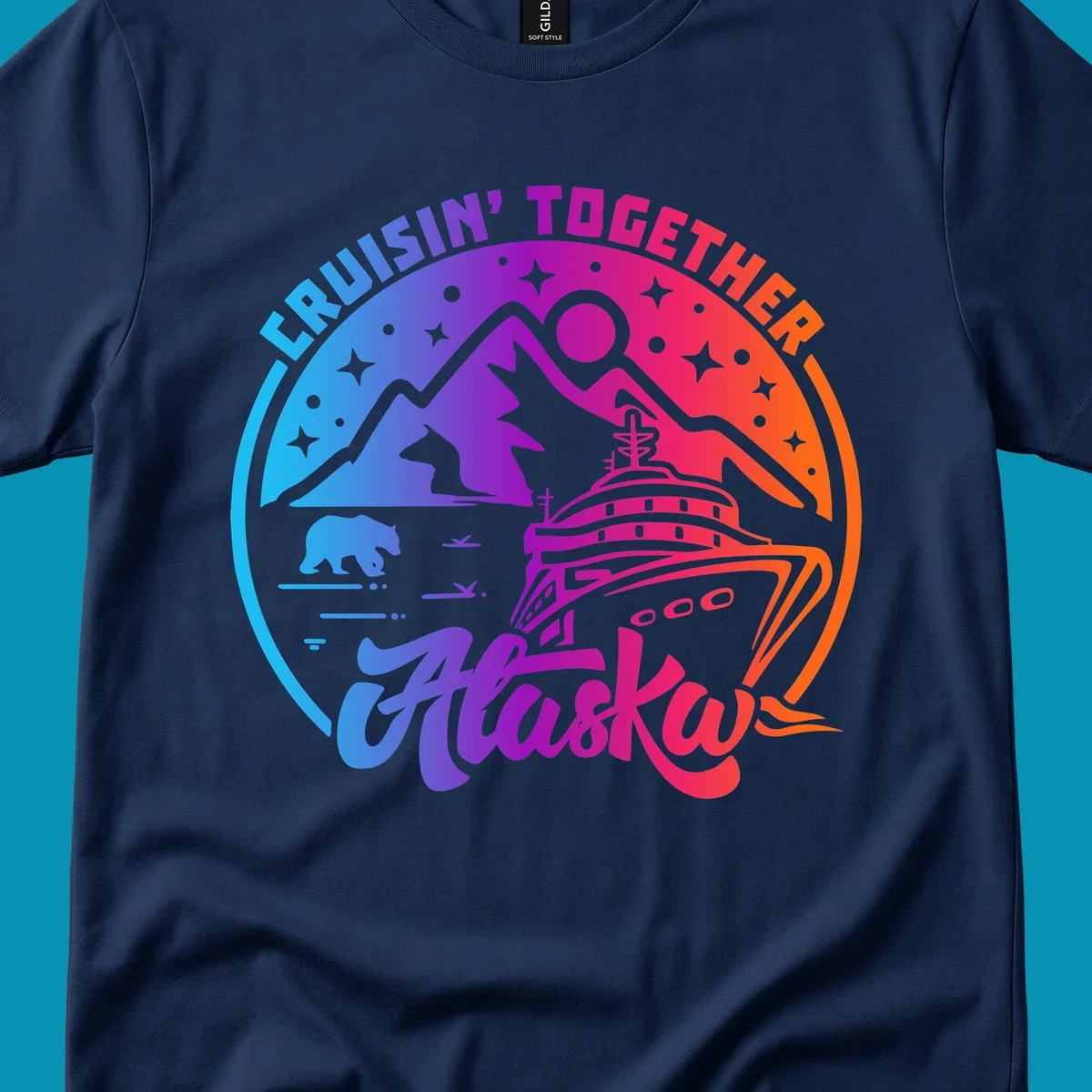 Colorful circular design with 'Cruisin' Together Alaska' text, featuring a cruise ship, mountains, bear, hiker, and sparkles on a gradient blue-to-orange background