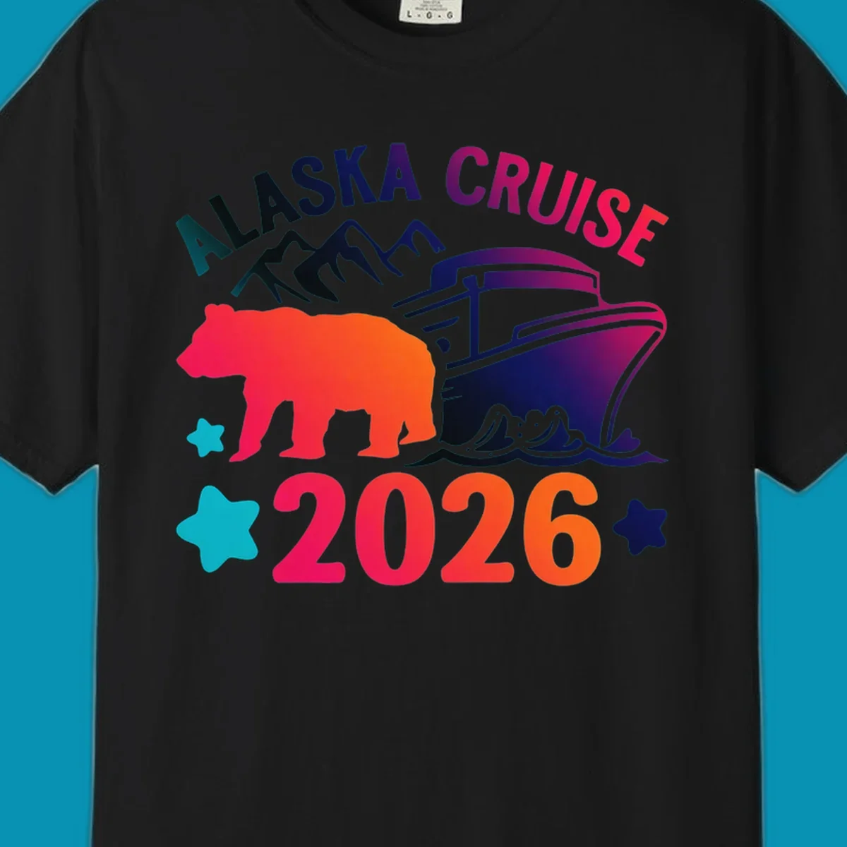 Alaska cruise 2026 bear design featuring red-orange bear silhouette, navy cruise ship, mountains, and colorful gradient text with stars.