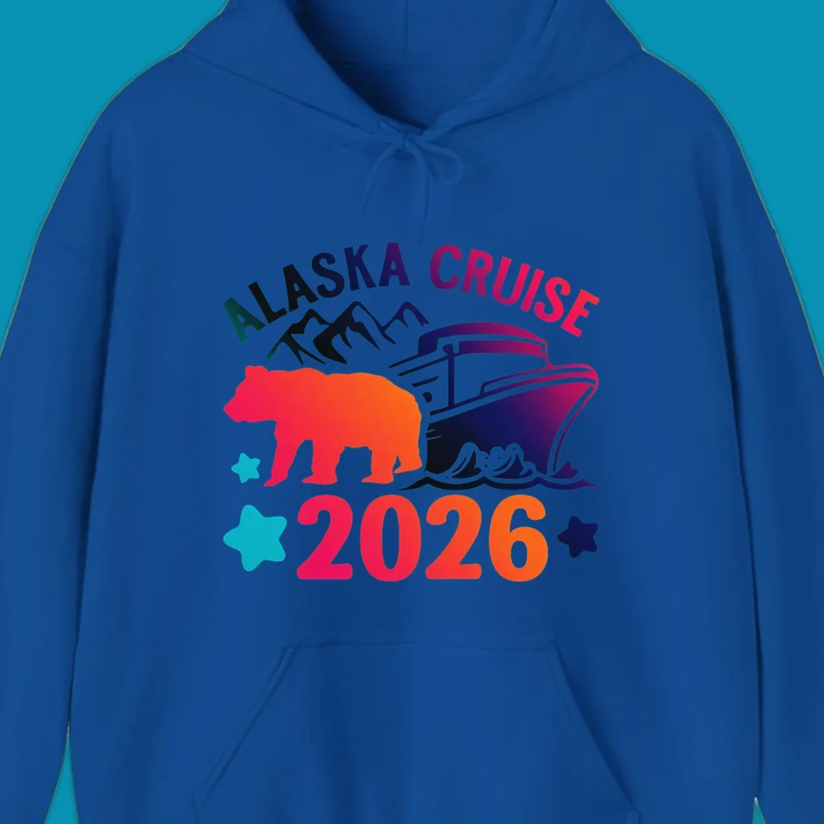 Alaska cruise 2026 bear design featuring red-orange bear silhouette, navy cruise ship, mountains, and colorful gradient text with stars.
