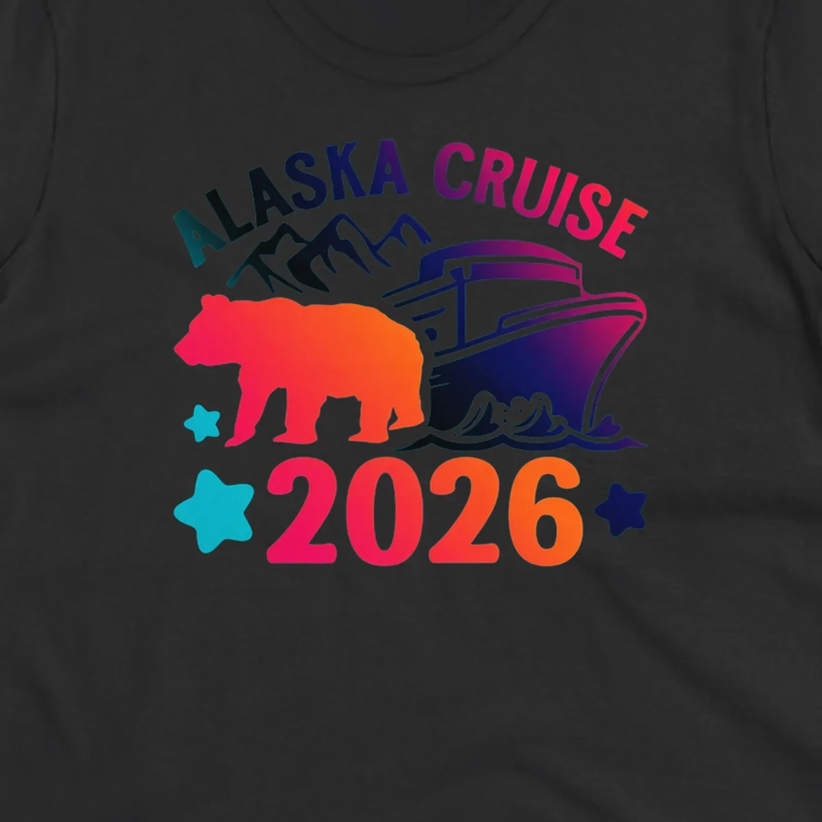 Alaska cruise 2026 bear design featuring red-orange bear silhouette, navy cruise ship, mountains, and colorful gradient text with stars.