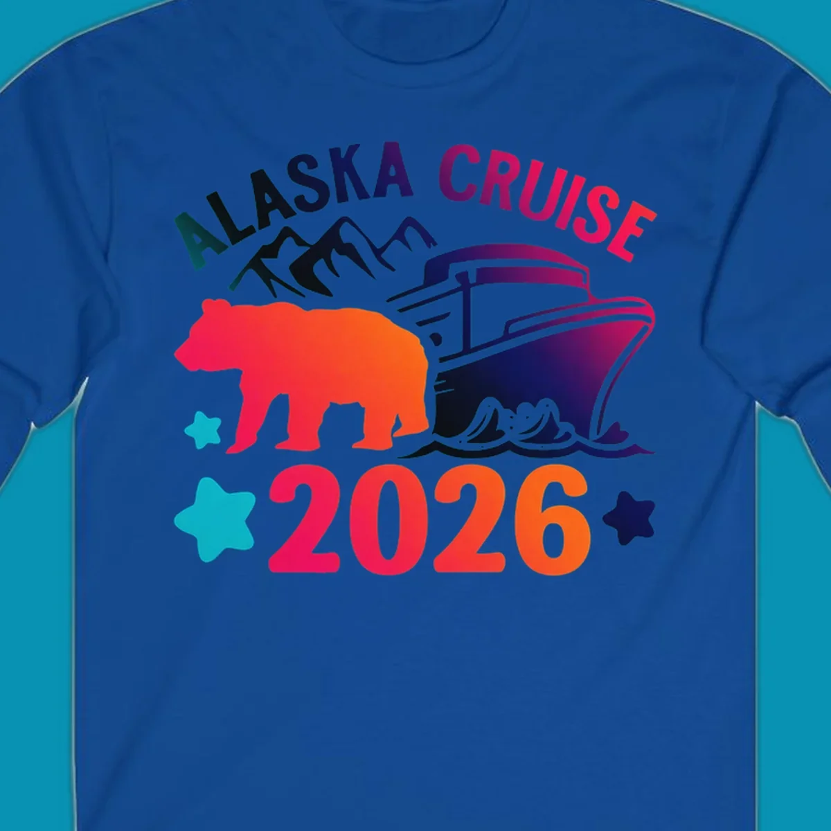 Alaska cruise 2026 bear design featuring red-orange bear silhouette, navy cruise ship, mountains, and colorful gradient text with stars.