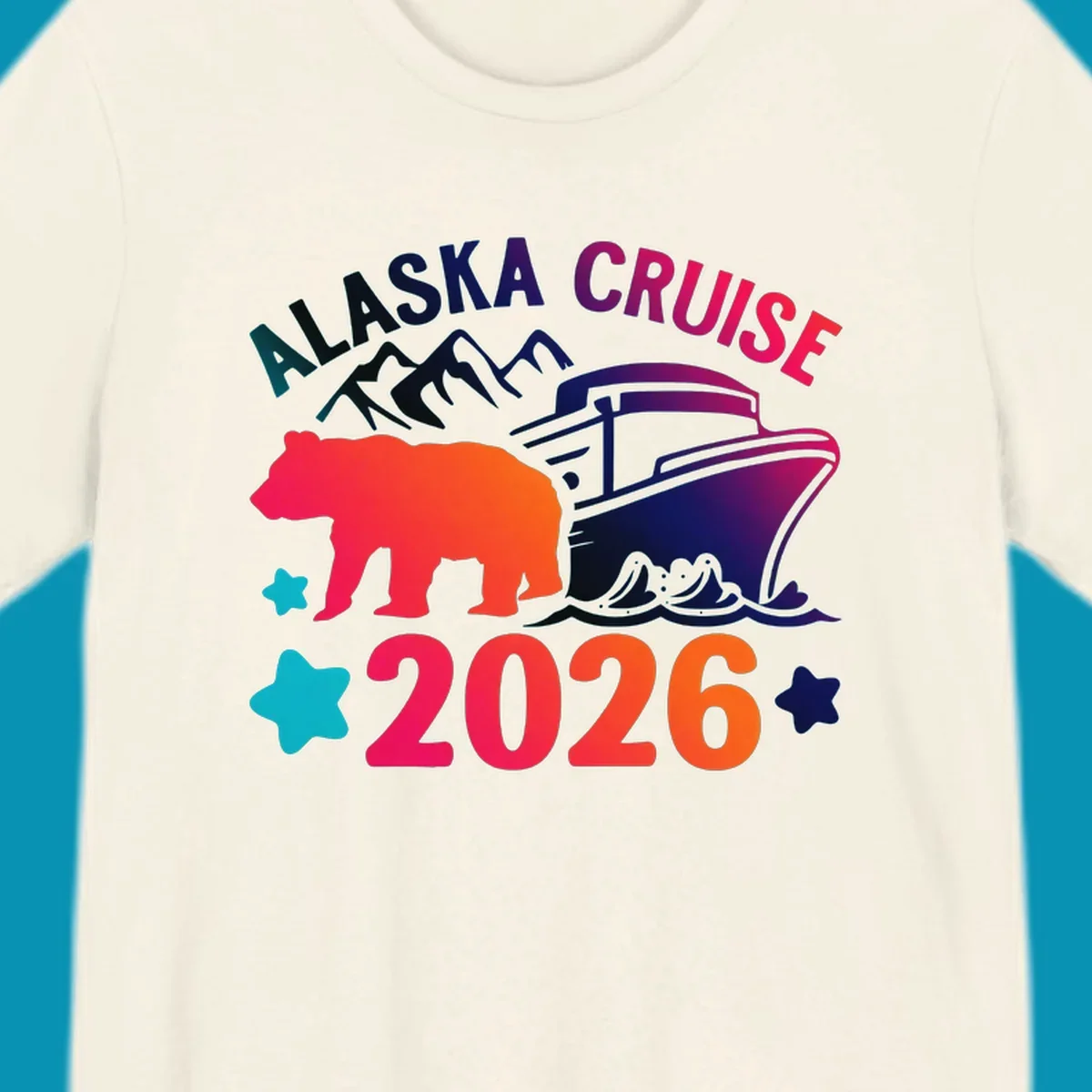 Alaska cruise 2026 bear design featuring red-orange bear silhouette, navy cruise ship, mountains, and colorful gradient text with stars.