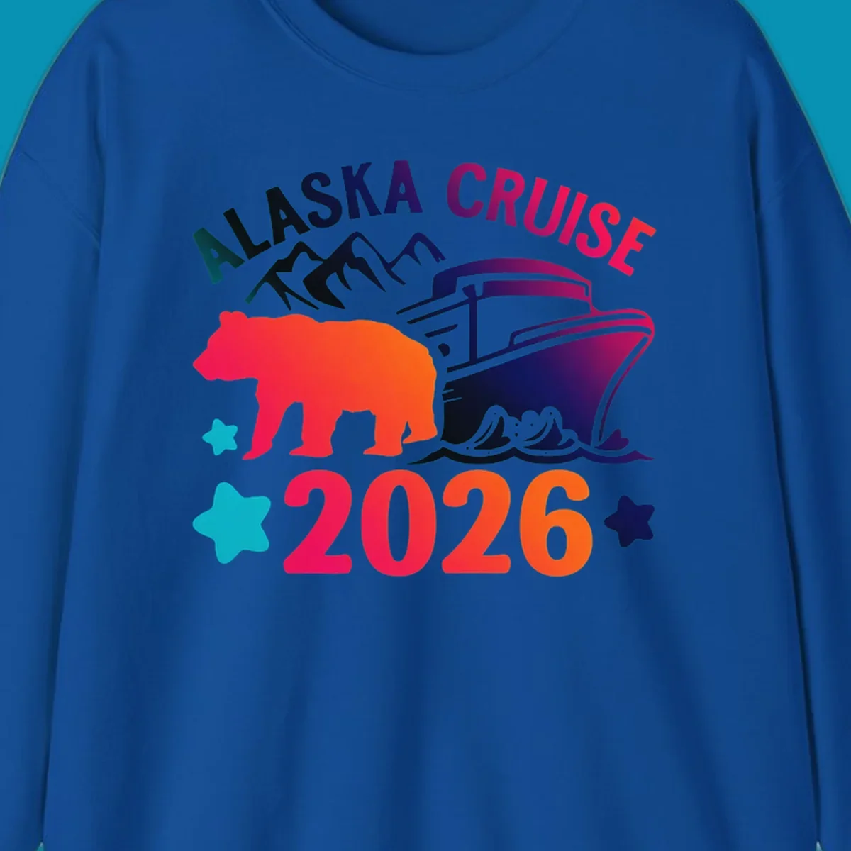Alaska cruise 2026 bear design featuring red-orange bear silhouette, navy cruise ship, mountains, and colorful gradient text with stars.