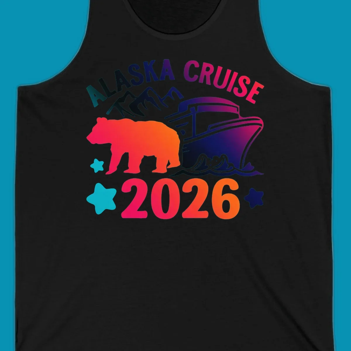 Alaska cruise 2026 bear design featuring red-orange bear silhouette, navy cruise ship, mountains, and colorful gradient text with stars.