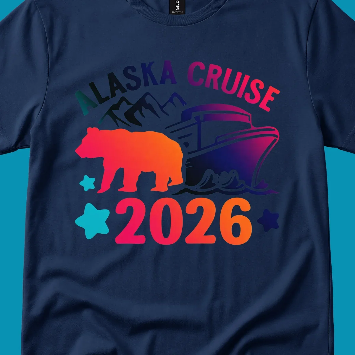 Alaska cruise 2026 bear design featuring red-orange bear silhouette, navy cruise ship, mountains, and colorful gradient text with stars.