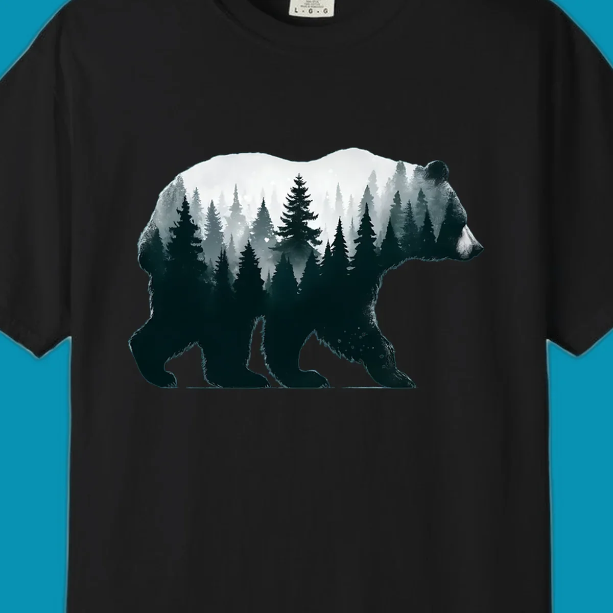 Bear silhouette filled with misty evergreen forest and mountains in double exposure style artwork