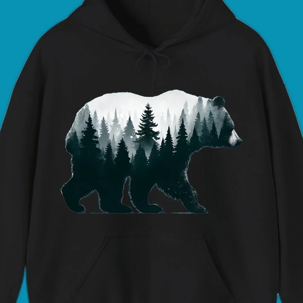 Bear silhouette filled with misty evergreen forest and mountains in double exposure style artwork