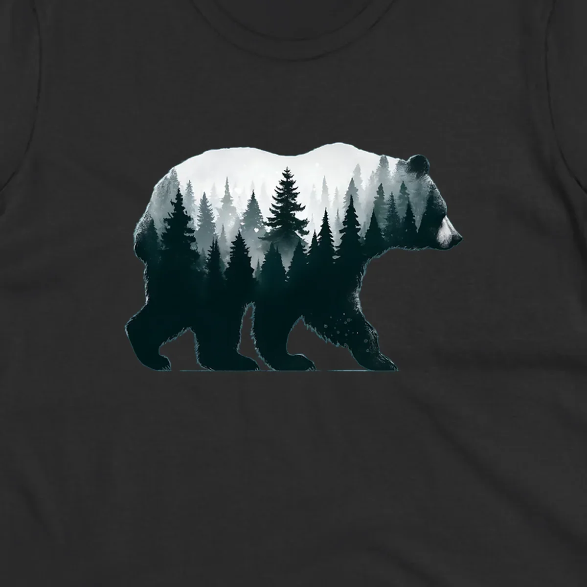 Bear silhouette filled with misty evergreen forest and mountains in double exposure style artwork