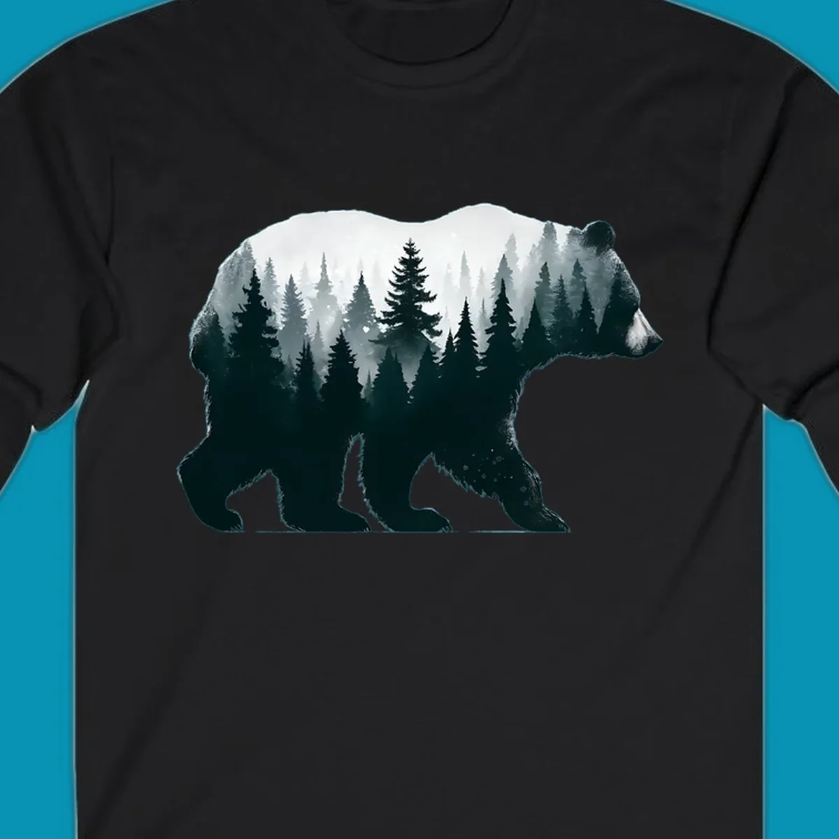Bear silhouette filled with misty evergreen forest and mountains in double exposure style artwork