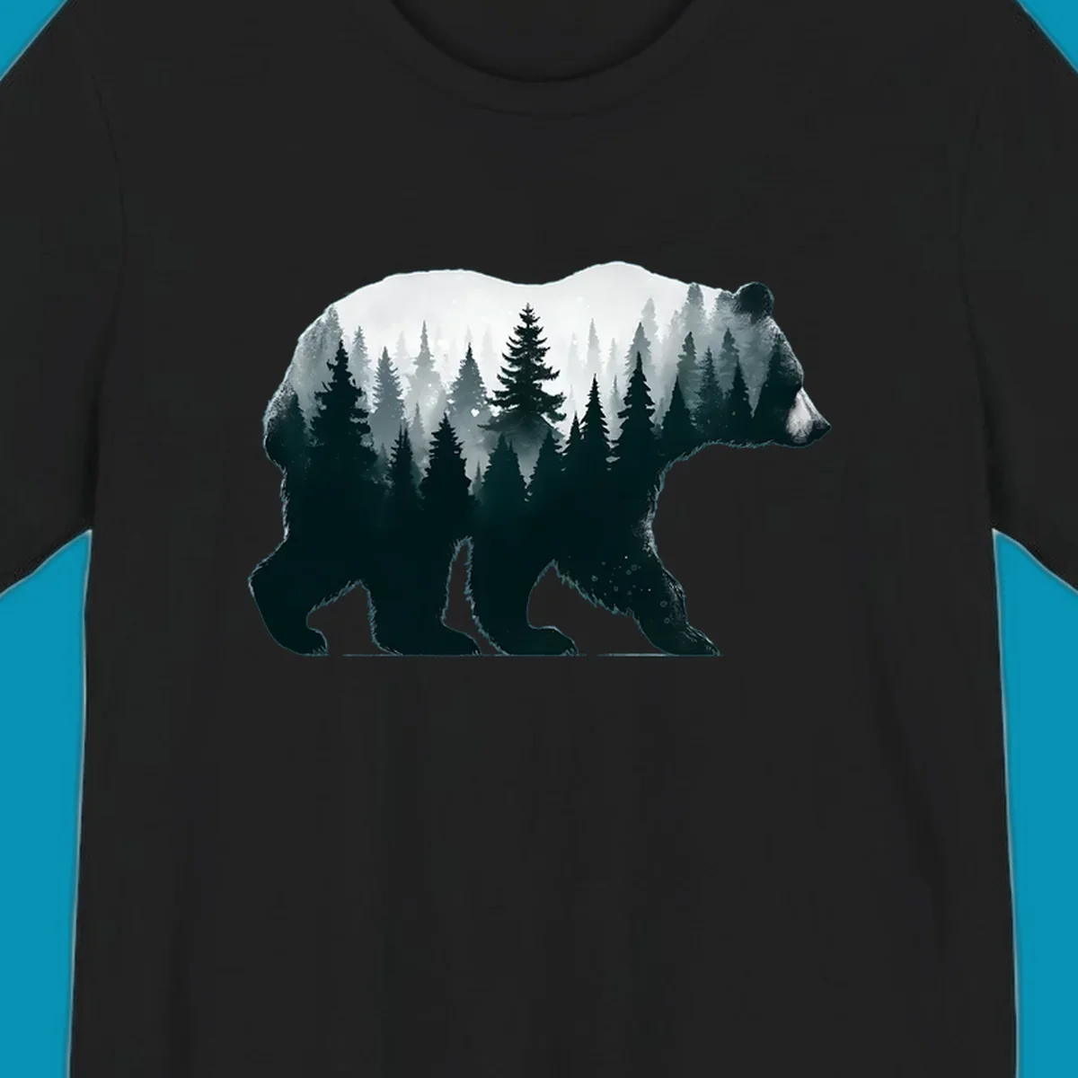 Bear silhouette filled with misty evergreen forest and mountains in double exposure style artwork