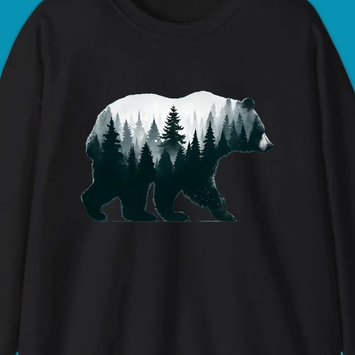 Bear silhouette filled with misty evergreen forest and mountains in double exposure style artwork