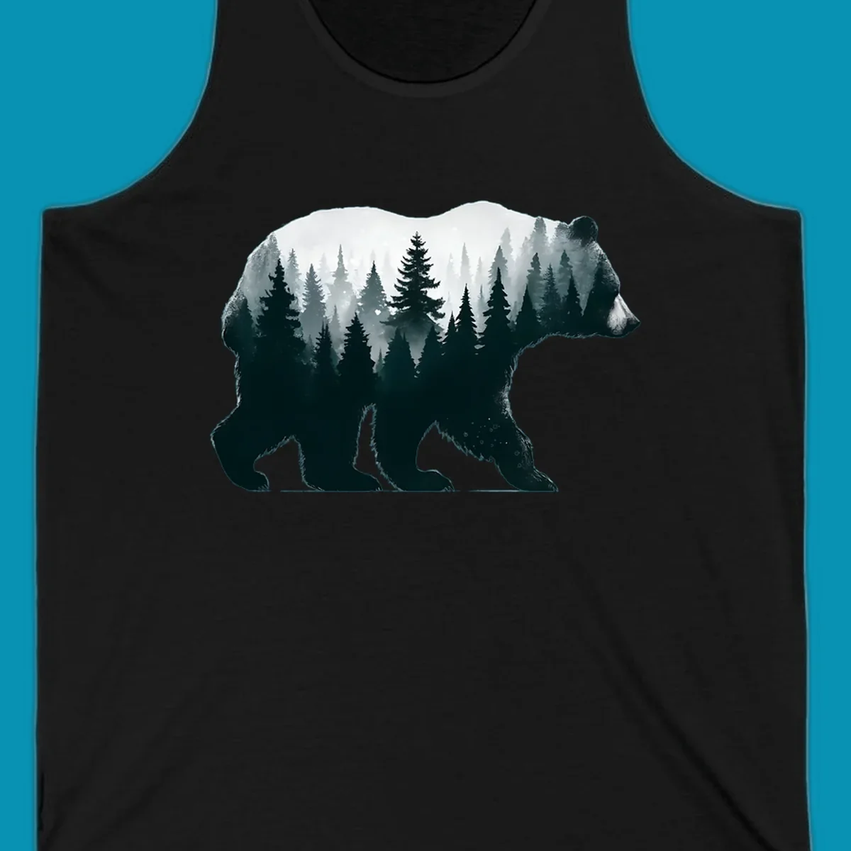 Bear silhouette filled with misty evergreen forest and mountains in double exposure style artwork