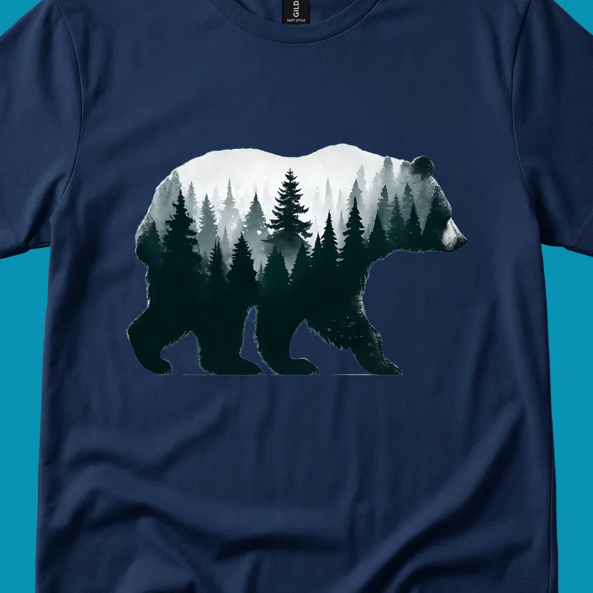 Bear silhouette filled with misty evergreen forest and mountains in double exposure style artwork