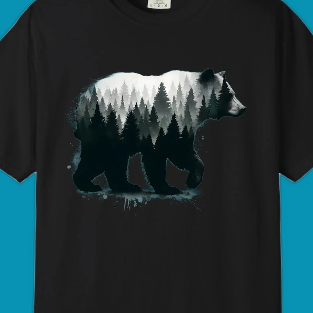 Bear forest double exposure design: black bear silhouette filled with misty coniferous forest and mountains, artistic ink splatter effect